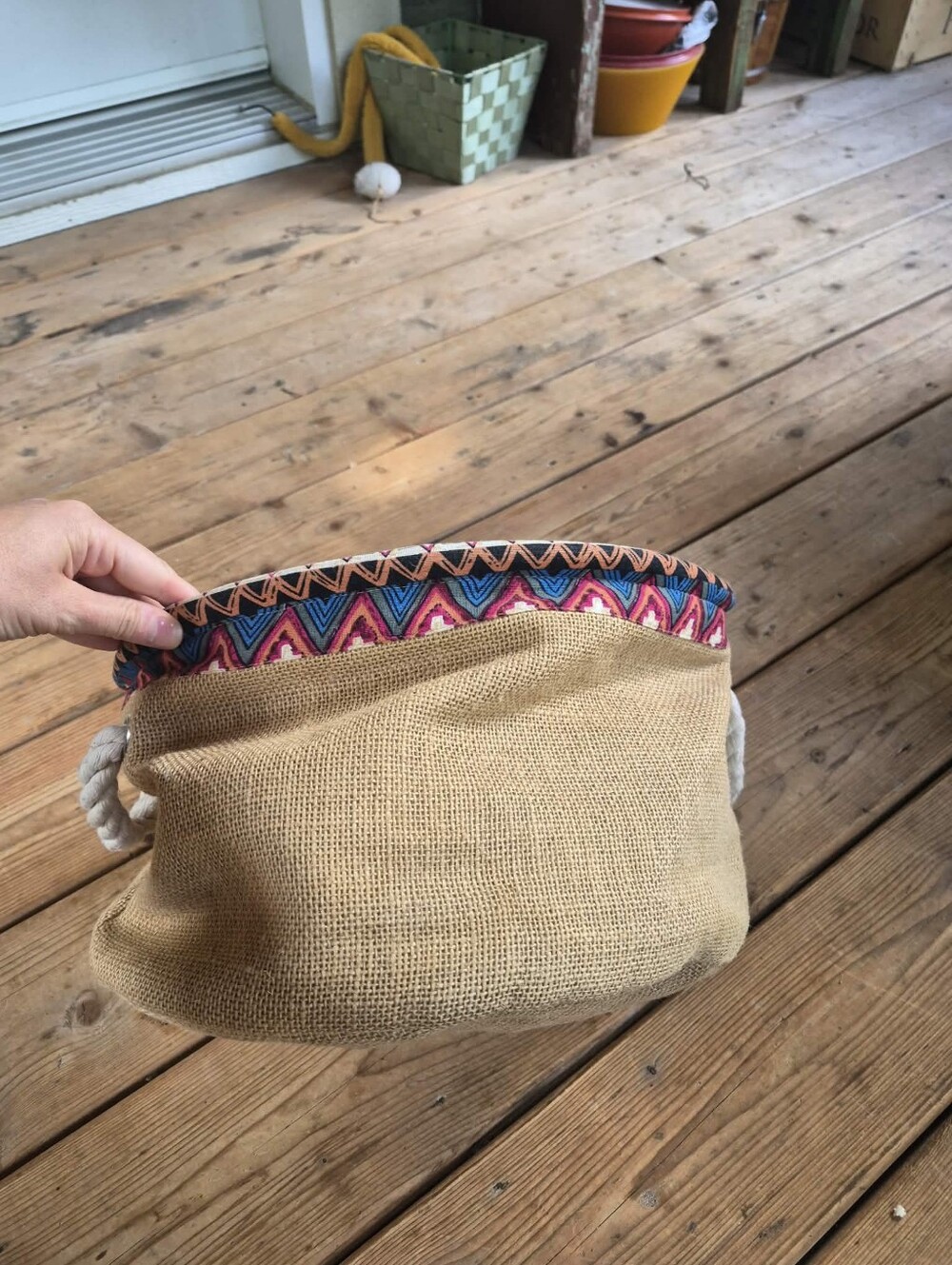 Neutral Burlap Beach Tote with Colorful Aztec Trim